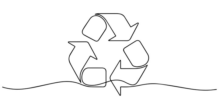 Continuous one line drawing of a recycling symbol of three arrows,  drawing recycling symbol. Recycling linear icon, Round frame with arrows,  Premium vector illustration. drawing of cycle arrows mono