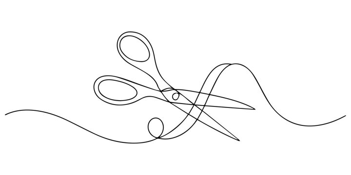 scissors cutting a ribbon continuous one line drawing, ribbon cutting ceremony for opening event or company concept, single line art, Opening Icon, scissors cutting a ribbon minimalist style pro.