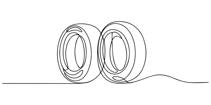 Continuous one line drawing car tires with alloy wheel rim, tire fitting service and sale advertisement poster, Continuous one line design of a tire. Minimalist style vector illustration on white back