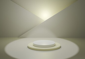 Minimalist beige circular podium under spotlight in modern interior corner