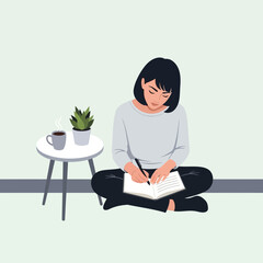 Obraz premium Woman writing in journal, coffee and plant on side table, cozy home office setup