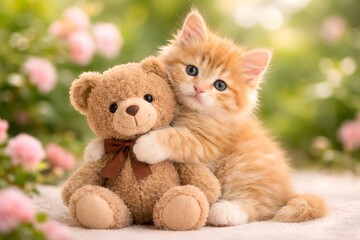 Romantic Indoor Scene Featuring White Kitten Teddy Bear and Red Heart Props