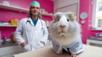 Veterinarian in clinic with adorable guinea pig in costume