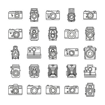 Vintage and Classic Camera Line Icons Collection: Photography Equipment Outline Set.