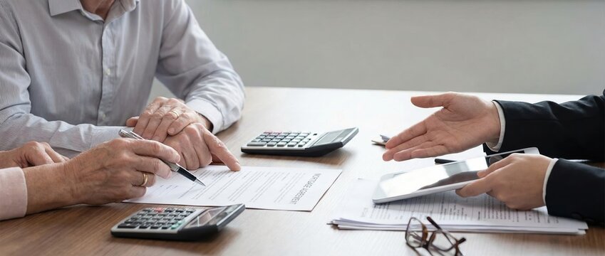 Elderly couple buying home insurance with real estate agent office meeting mortgage advice professional environment