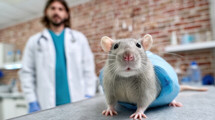 Curious rat in blue outfit with male veterinarian in clinic