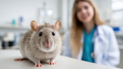 Friendly rat in laboratory setting with female scientist in background