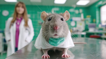 Adorable rat in medical outfit with female scientist in laboratory