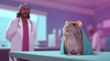 Mouse in lab coat observed by scientist in laboratory