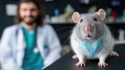Medical research: young caucasian male scientist with lab rat in focus