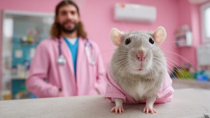 Male veterinarian with rat in pink clothes in animal clinic