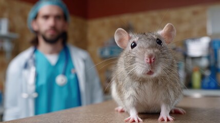 Curious rat in veterinary clinic with caucasian male veterinarian