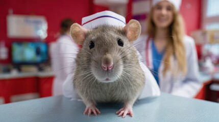 Cute rat in veterinarian clinic with female caucasian veterinarian in background