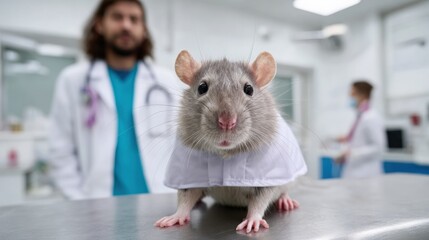 Rat in laboratory with scientists in white coats and medical equipment