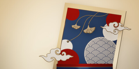 Blue and red concept Year of the Horse ,China  Podium, minimal color two tone geometric design.3D rendering