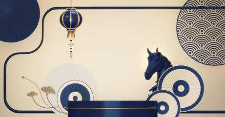 Blue and red concept Year of the Horse ,China  Podium, minimal color two tone geometric design.3D rendering