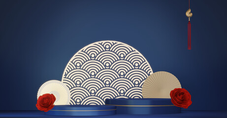Blue and red concept Year of the Horse ,China  Podium, minimal color two tone geometric design.3D rendering