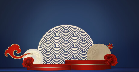 Blue and red concept Year of the Horse ,China  Podium, minimal color two tone geometric design.3D rendering