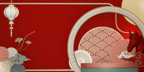 Mock up stage Podium stage chinese style and decoration with color chinese tone background design.3D rendering