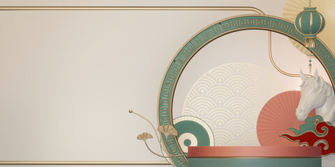 Mock up stage Podium stage chinese style and decoration with color chinese tone background design.3D rendering