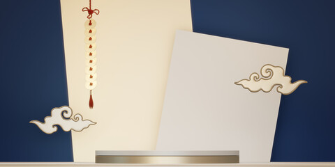 Blue and red concept Year of the Horse ,China  Podium, minimal color two tone geometric design.3D rendering