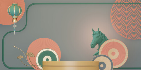 Mock up stage Podium stage chinese style and decoration with color chinese tone background design.3D rendering