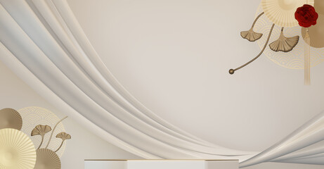 Happy Chinese New Year 2026 with mock up white and gold podium design on white background design. 3D rendering
