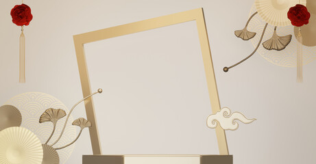 Happy Chinese New Year 2026 with mock up white and gold podium design on white background design. 3D rendering
