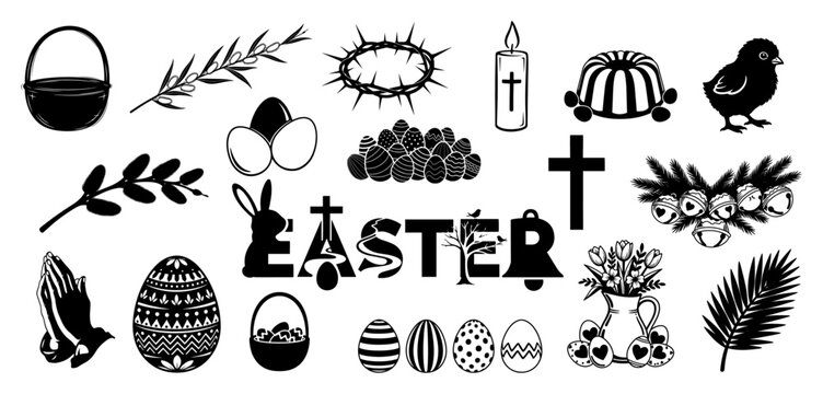 Large collection of black and white easter holiday icons and religious symbols set in flat vector style