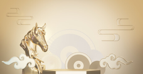 Happy Chinese New Year 2026 with mock up white and gold podium design on white background design. 3D rendering