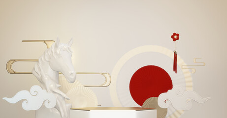 Happy Chinese New Year 2026 with mock up white and gold podium design on white background design. 3D rendering