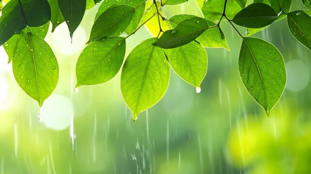 Fresh Green Leaves Hanging in Rainy Environment with Sunlight.