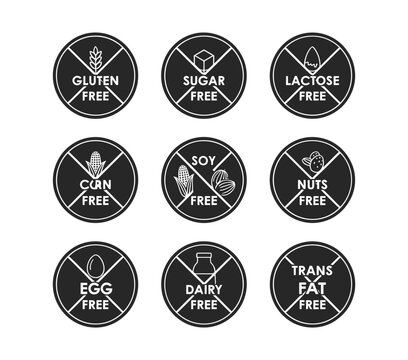 Nine circular icons representing common food allergen and dietary restrictions