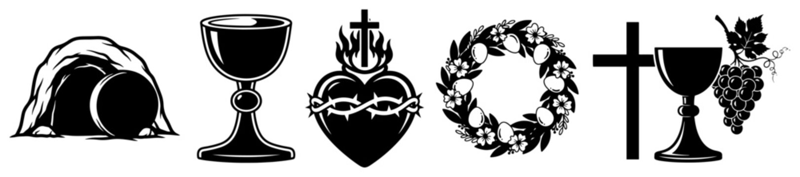 Set of christian religious easter symbols including empty tomb chalice and sacred heart icons