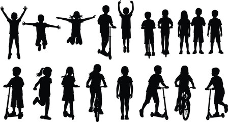 Large collection of black silhouettes featuring active children jumping running riding bicycles and scooters isolated on white background for childhood play and education design. (25 words) © MdGolam