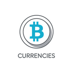 A blue bitcoin symbol is centered within a circular frame with text below