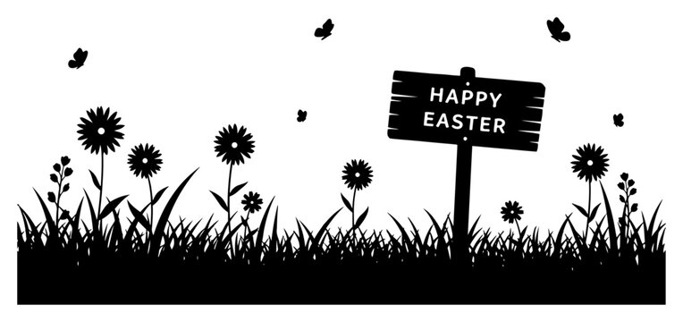 Black silhouette of a spring meadow with flowers butterflies and a happy easter wooden sign