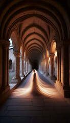 Obraz premium A long exposure photograph of a monk walking in a cloister, Ai generated image
