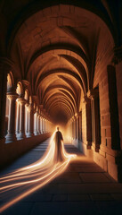 Fototapeta premium A long exposure photograph of a monk walking in a cloister, Ai generated image
