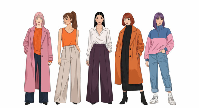 Five diverse women showcasing various modern fashion styles and casual outfits in a vibrant illustration.