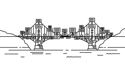 Vector illustration of a futuristic cityscape bridge with sleek skyscrapers and industrial details over water isolated on White Background