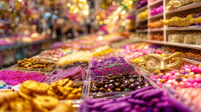 Purim Festival, Colorful Candy and Sweets Display for Mishloach Manot Gifts During Purim Festival