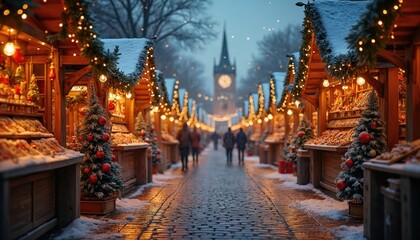 Fototapeta premium Snowy Christmas market street scene with wooden stalls decorated with lights, trees. People walk through festive alleyway at night with clock tower in distance. Cozy winter atmosphere with warm glow.