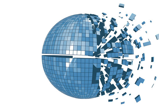Blue disco ball exploding into pieces on black explosion technology isolated on a transparent background