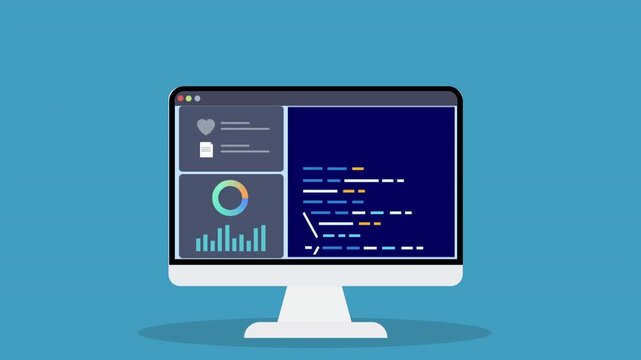 Animated computer monitor displaying programming dashboard interface with charts and code editor, representing software development, data visualization, and digital technology systems.

