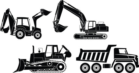 Heavy Construction Machinery Silhouettes Including Excavator, Backhoe Loader, Bulldozer and Dump Truck Isolated on White Background for Industrial Engineering and Building Projects © MstAnufa