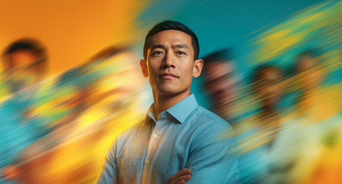 Confident Asian Business Leader Standing in Front of Motion Blurred Team in Teal and Orange