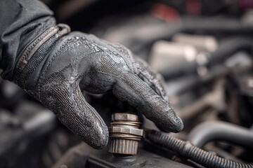 Person works on car engine part in garage during daytime while wearing gloves for protection and safety