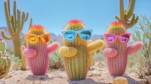 Funny colorful dancing cacti wearing glasses in the desert