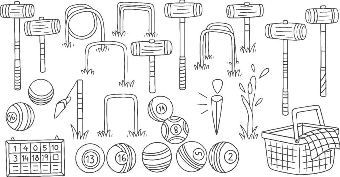 Doodle style croquet game elements with mallets and hoops. Vector cartoon illustration set for outdoor lawn sports. Collection of isolated equipment